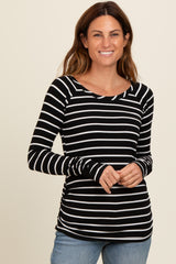 Black Striped Ruched Side Long Sleeve Top