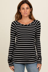 Black Striped Ruched Side Long Sleeve Top