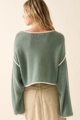 Pine Green Loose Knit Boat Neck Exposed Seam Crop Sweater