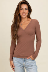 Mocha Ribbed V-Neck Long Sleeve Maternity Top