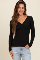 Black Ribbed V-Neck Long Sleeve Top