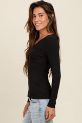 Black Ribbed V-Neck Long Sleeve Top