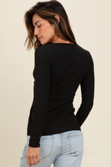 Black Ribbed V-Neck Long Sleeve Top