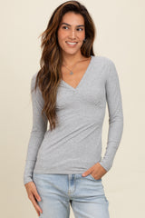 Heather Grey Ribbed V-Neck Long Sleeve Maternity Top