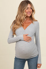 Heather Grey Ribbed V-Neck Long Sleeve Maternity Top