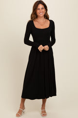 Black Square Neck Long Sleeve Midi Dress