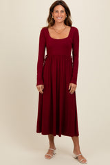 Burgundy Square Neck Long Sleeve Maternity Midi Dress