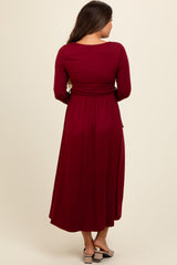 Burgundy Square Neck Long Sleeve Maternity Midi Dress