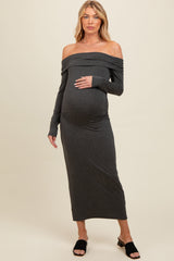 Charcoal Foldover Off Shoulder Long Sleeve Maternity Midi Dress