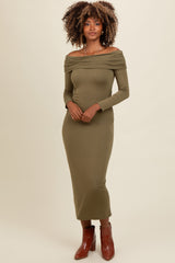 Olive Foldover Off Shoulder Long Sleeve Midi Dress