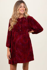 Burgundy Velvet Jacquard Button Up Maternity Dress