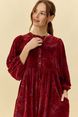 Burgundy Velvet Jacquard Button Up Dress