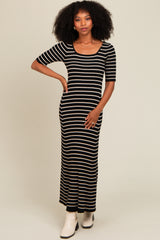 Black Striped Ribbed Short Sleeve Maxi Dress