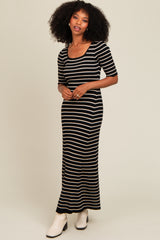 Black Striped Ribbed Short Sleeve Maxi Dress