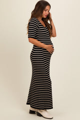 Black Striped Ribbed Short Sleeve Maternity Maxi Dress