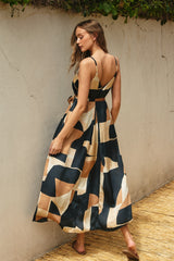 Camel Abstract Print Sash Tie Maxi Dress