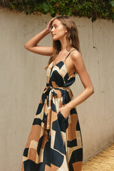 Camel Abstract Print Sash Tie Maxi Dress