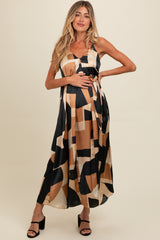 Camel Abstract Print Sash Tie Maternity Maxi Dress