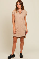 Mocha Zip Up Hooded Maternity Sweatshirt Mini Dress