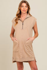 Mocha Zip Up Hooded Maternity Sweatshirt Mini Dress