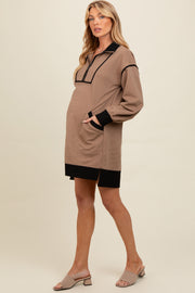 Mocha Contrast Trim Collared Zip Up Maternity Mini Dress