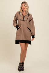 Mocha Contrast Trim Collared Zip Up Mini Dress