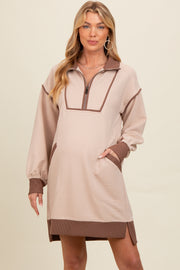 Beige Contrast Trim Collared Zip Up Maternity Mini Dress