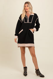 Black Contrast Trim Collared Zip Up Mini Dress