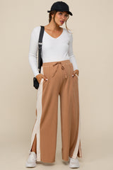 Camel Contrast Stripe Side Slit Maternity Pants