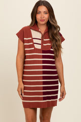 Rust Knit Striped Colorblock Collared Zip Up Maternity Mini Dress