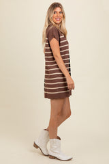 Mocha Knit Striped Colorblock Collared Zip Up Mini Dress