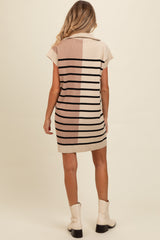 Cream Knit Striped Colorblock Collared Zip Up Maternity Mini Dress