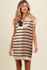 Cream Knit Striped Colorblock Collared Zip Up Maternity Mini Dress