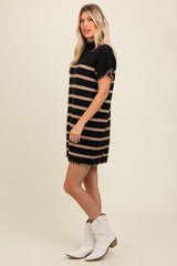 Black Striped Knit Contrast Stitch Mini Dress