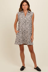 Cream Animal Print Sleeveless Shirt Dress