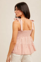 Dusty Pink Square Neck Tie Shoulder Smocked Babydoll Tank