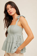 Seafoam Square Neck Tie Shoulder Smocked Babydoll Tank