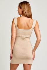 Beige White Stitch Detail Square Neck Sleeveless Sweater Dress