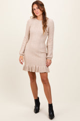 Beige Back Cutout Ruffled Cable Knit Sweater Dress