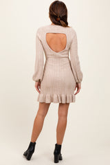 Beige Back Cutout Ruffled Cable Knit Sweater Dress