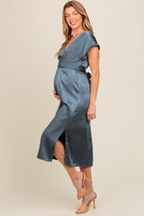 Blue Satin V-Neck Fringe Detail Maternity Midi Dress