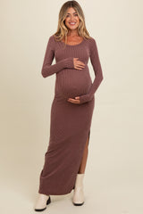 Burgundy Ribbed Long Sleeve Side Slit Maternity Maxi Dress