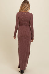 Burgundy Ribbed Long Sleeve Side Slit Maternity Maxi Dress