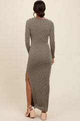 Olive Ribbed Long Sleeve Side Slit Maxi Dress