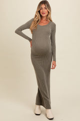 Olive Ribbed Long Sleeve Side Slit Maternity Maxi Dress