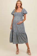 Blue Floral Puffed Sleeve Maternity Midi Dress