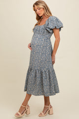 Blue Floral Puffed Sleeve Maternity Midi Dress