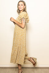 Yellow Floral Puffed Sleeve Midi Dress