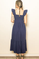 Navy Blue Textured Cotton Ruffle Strap Midi Dress