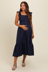 Navy Blue Textured Cotton Ruffle Strap Maternity Midi Dress